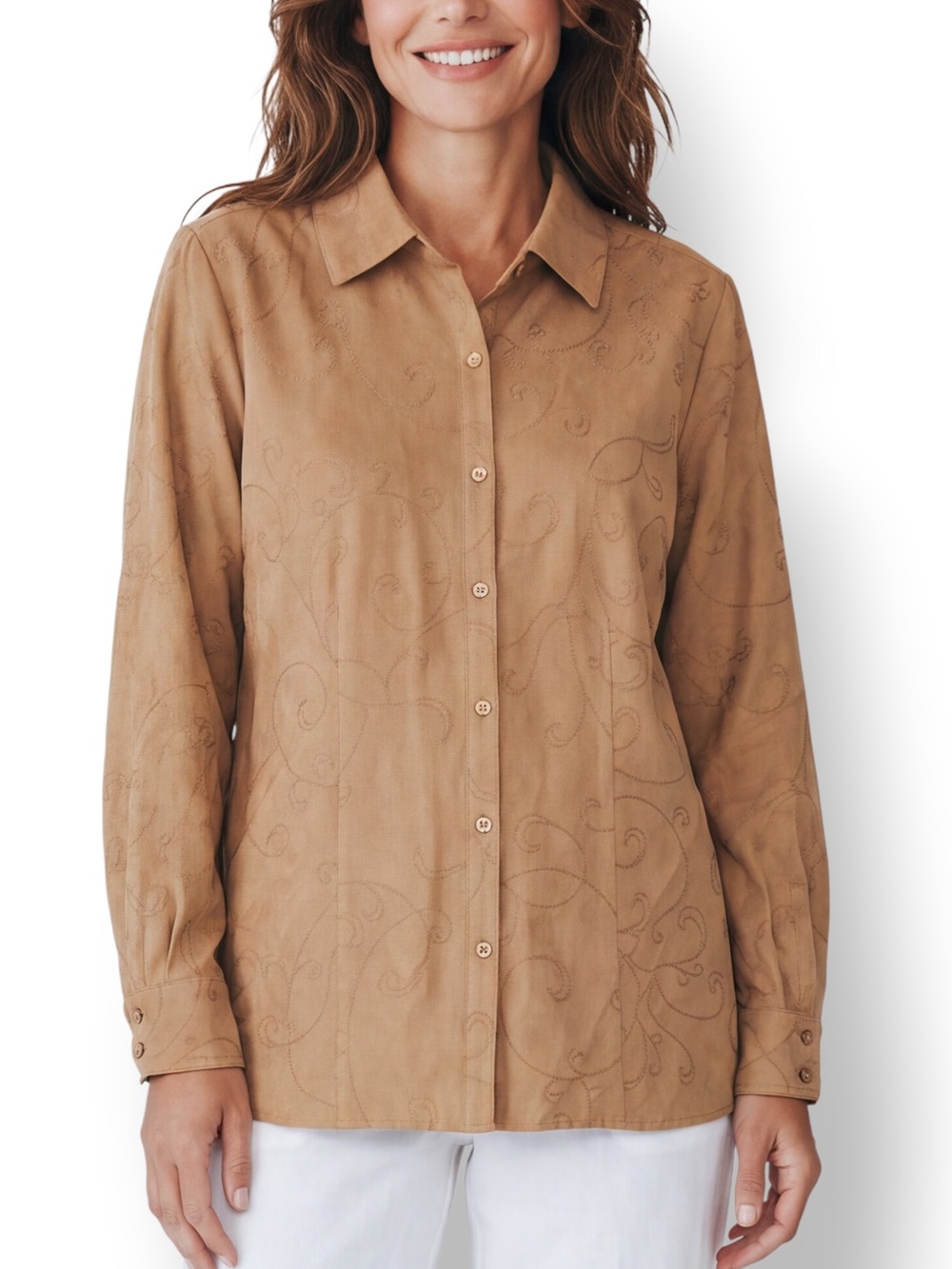 4/$20 Croft & Barrow Faux Suede Embroidered Button Front Shirt Jacket Camel L